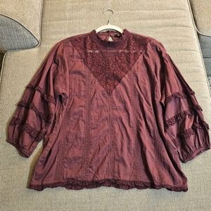 Frye Burgundy Lace Textured Boho Balloon Sleeve Western Casual Top Size Medium